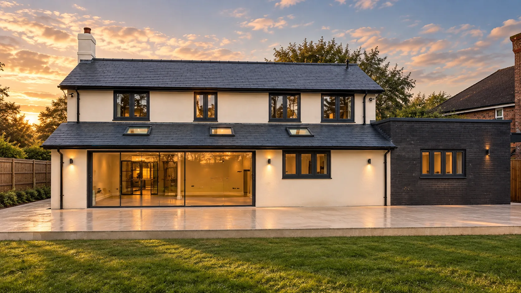 Completed two-storey rear extension at sunset with wide glazing and a dark side wing