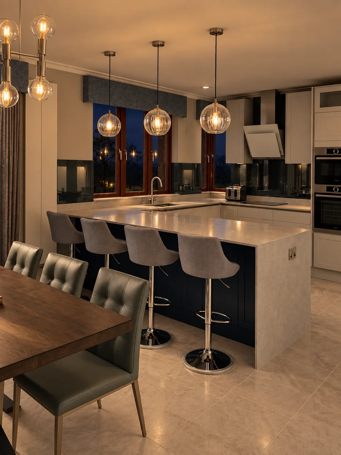 Completed open-plan kitchen with a large island, bar seating, and pendant lights